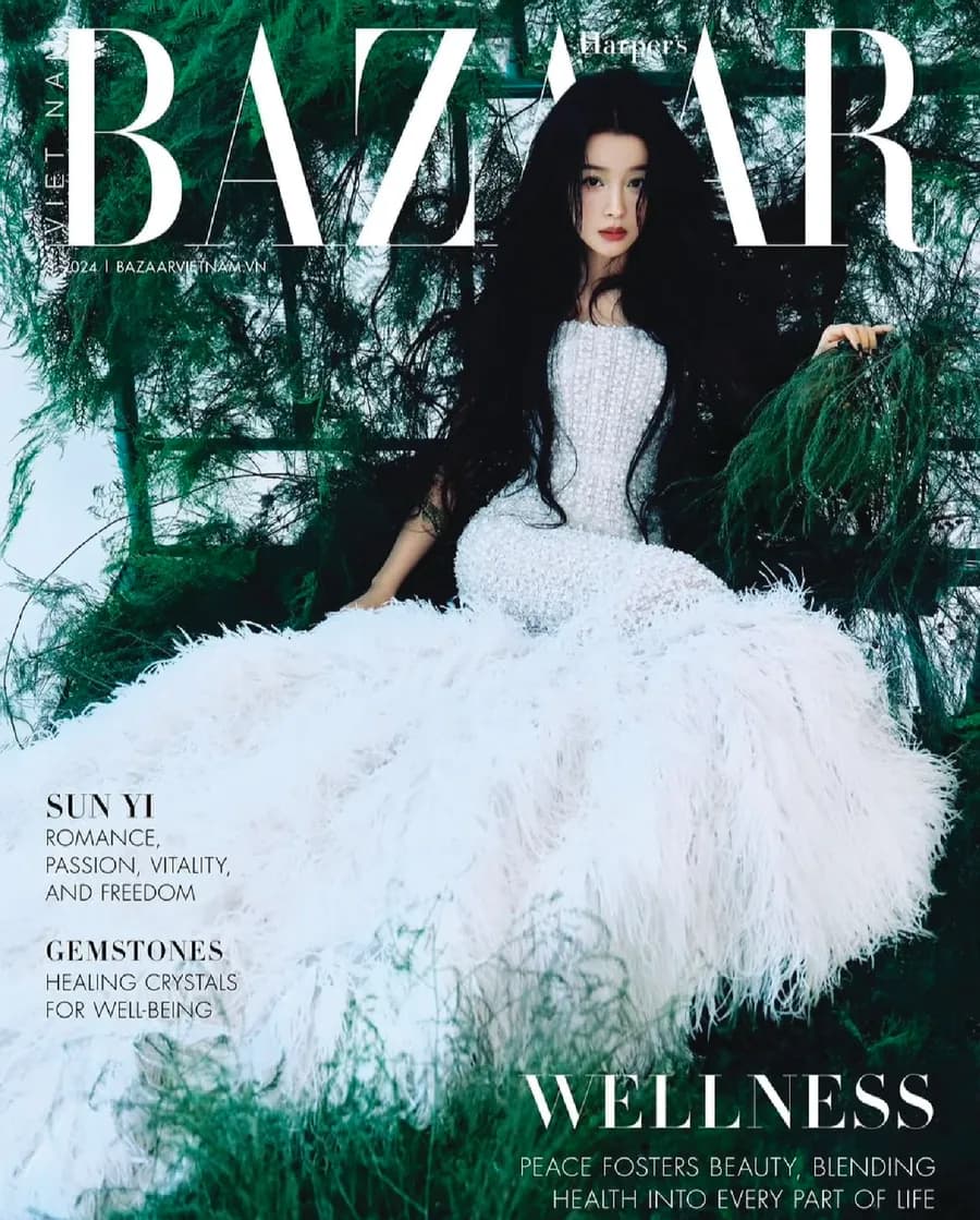 Harper's Bazaar Vietnam 2024 cover with Sun Yi in a white feathered gown
